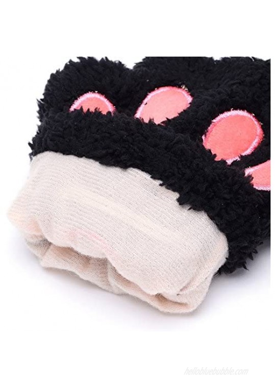 Odema Womens Bear Plush Cat Paw Claw Glove Soft Winter Fingerless Mitten Gloves