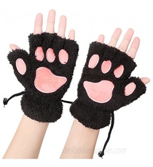 Odema Womens Bear Plush Cat Paw Claw Glove Soft Winter Fingerless Mitten Gloves