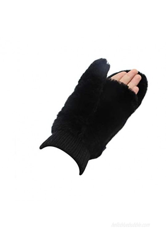 RARITYUS Women Fur Flip Cover Mittens Warm Soft Half Fingerless Winter Gloves for Teen Girls Outdoor Sports