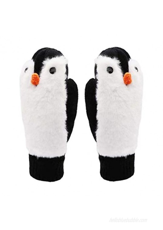 Women Penguin Mitten Gloves Winter Warm Lining Cozy Knit Pluffy Fuzzy Faux Fur Mitten