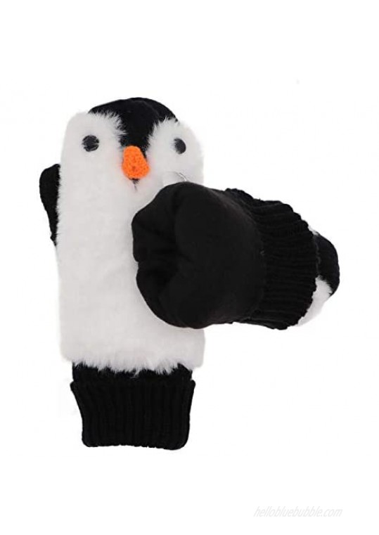 Women Penguin Mitten Gloves Winter Warm Lining Cozy Knit Pluffy Fuzzy Faux Fur Mitten