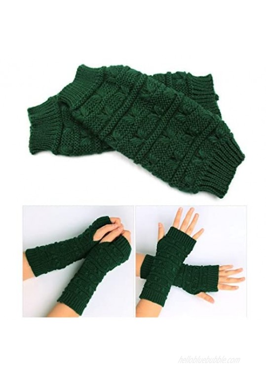 Women Winter Fingerless Gloves Crochet Knit Arm Warmers Mittens with Thumb Hole Khaki