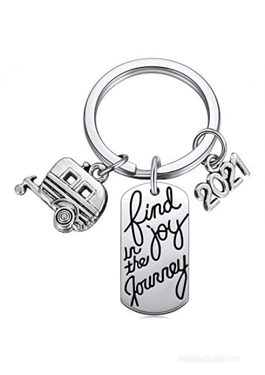 2021 Find Joy in The Journey Keychain Happy Camper RV Trailer Key Chain Enjoy Retirement Keyring for Boss and Coworker Gift