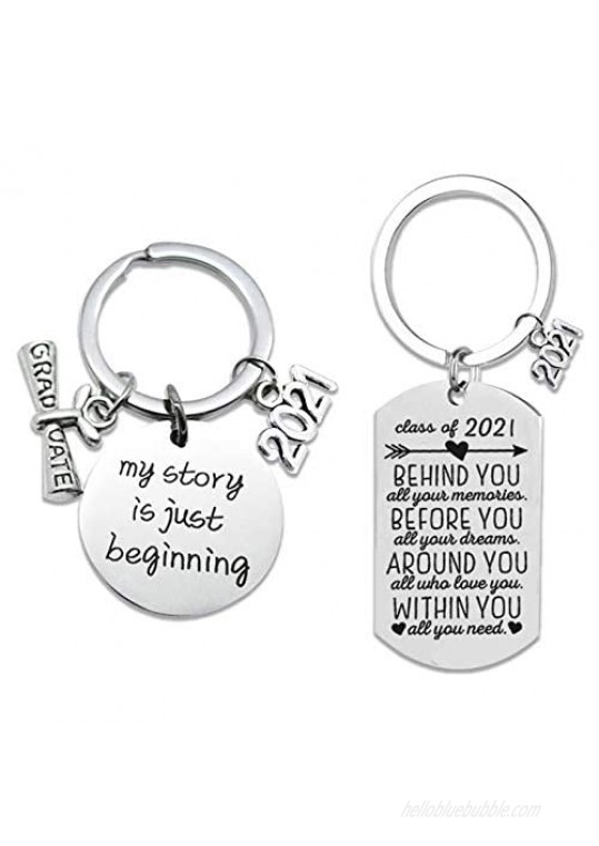 2Pcs Graduation Gifts Keychain for Class of 2021 Round and Rectangle Inspirational Gift Key Ring for Women Man Masters Degree Girls Boys Daughter Son Graduates from Dad Mom