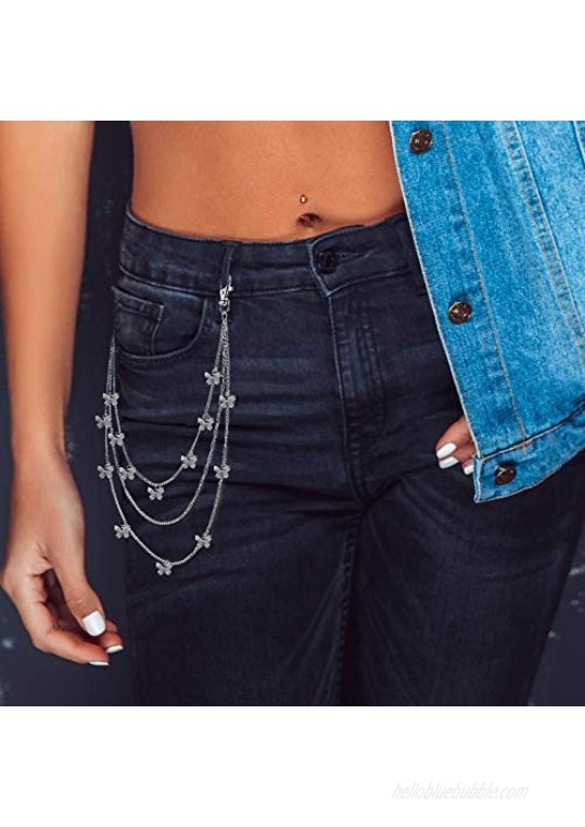 5 Pieces Jeans Chains Set Wallet Chain Pocket Chain Belt Chains Hip Hop Pants Chain Butterfly Lock Pendant Belt Multi Layer Chains for Men Women