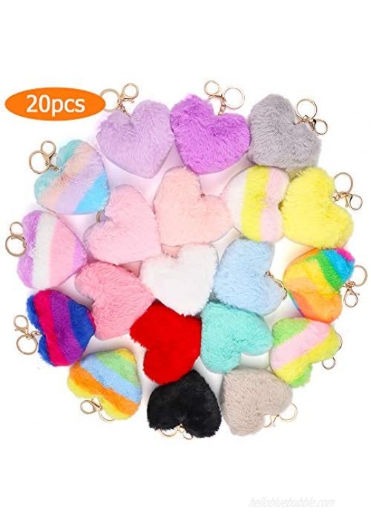 Auihiay 20 Pieces Pom Poms Keychains Heart Shaped Pompoms Keyring Fluffy Car Bag Charm for Valentine’s Day Decoration