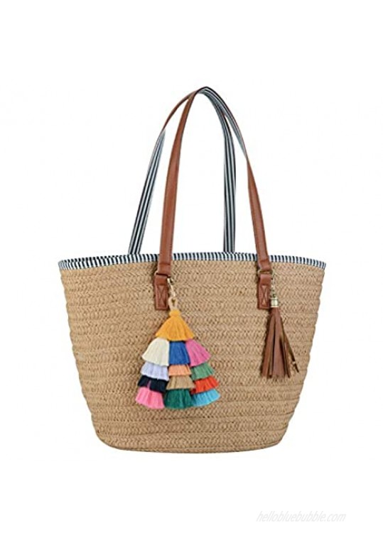 COOFIT Straw Bags Beach Bags Pompom Shoulder Bags Straw Purse Summer Woven Bags Tassel Bags