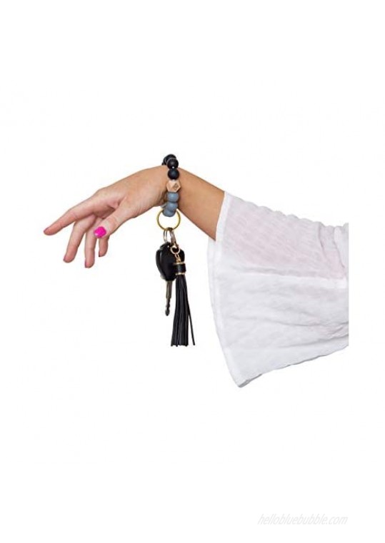 Dizzy Creek Designs Silicone Key Ring Bracelet Women Beaded Bangle Keychain Wristlet Leather Tassel