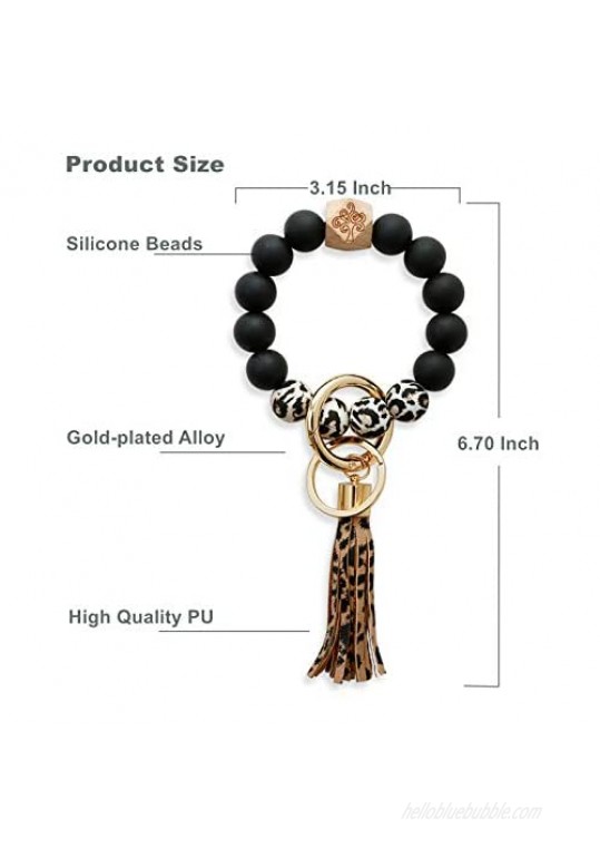 JIANYI Keychain Bracelet Tassel Key Chain Silicone Wooden Beaded Wristlet Bangle Portable Car Key Ring Holder
