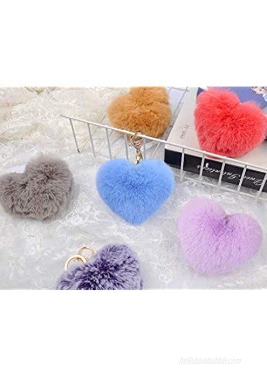 JOYYPOP 16 PCS Pom Poms Keychains Fluffy Heart Shape Faux Fur Colorful Pom Pom Balls for Girls Women (Mix Colors)