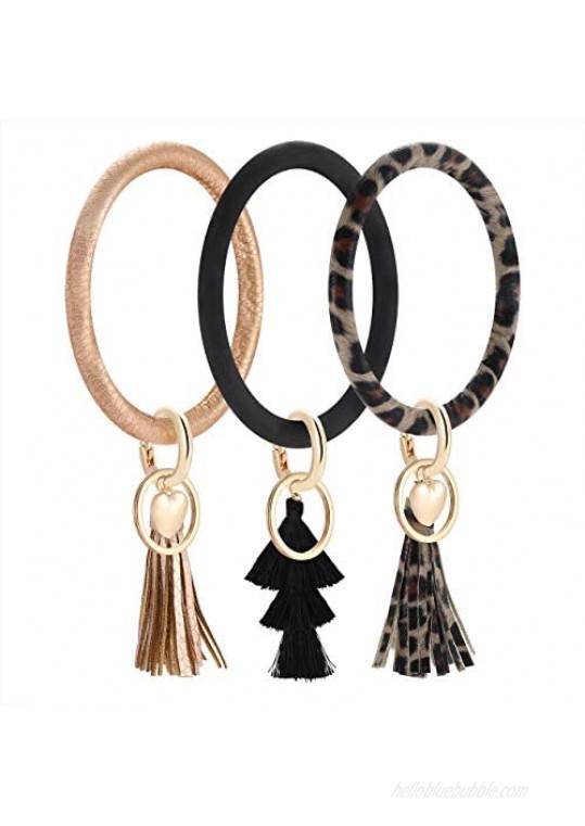 Key Ring Bangle Bracelet Leather Keyring Bracelet Key Chains with Tassel Wristlet Bangles for Women Girls
