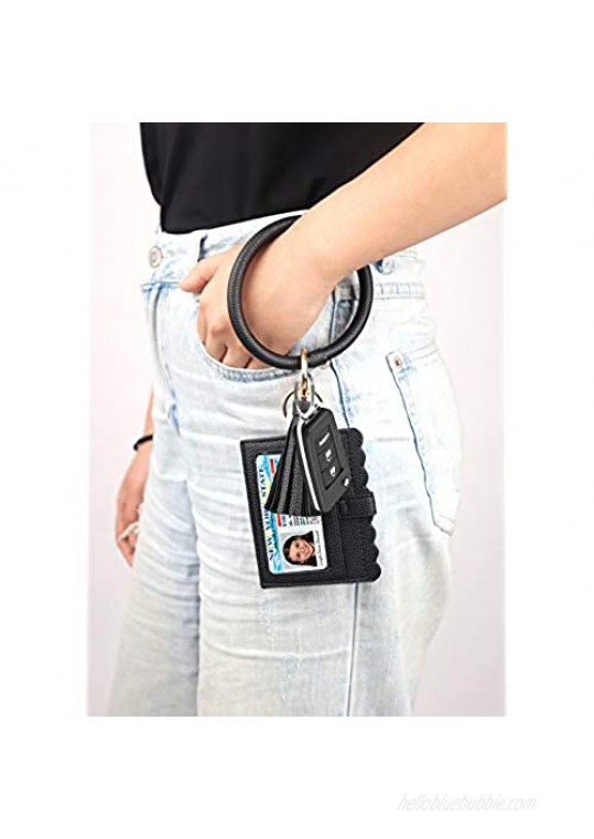 KraftyChix Wristlet Bracelet Keychain ID Card Holder Purse with PU Leather Tassel Bangle Key Ring for Women Girls