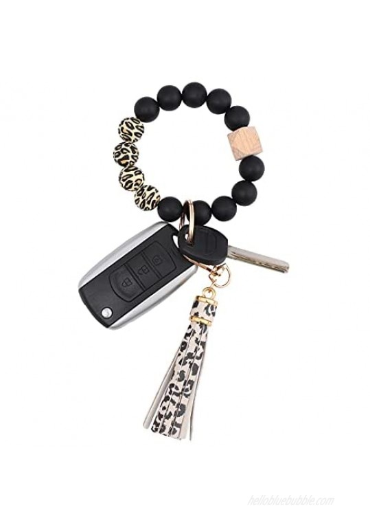 Silicone Beaded Bracelet Keychain Wristlet Key Ring Bangle Chains for Women with Leather Tassel