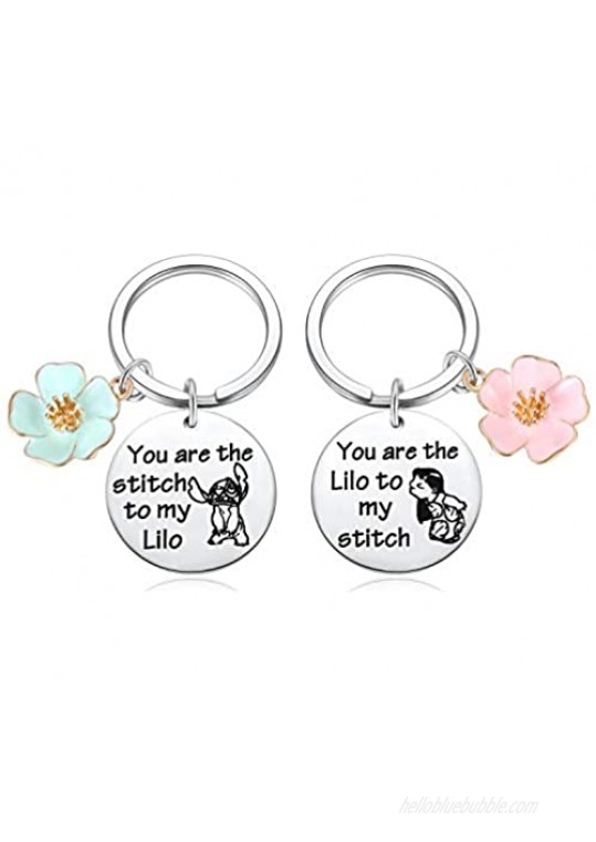 Stitch and Lilo Inspired Keychain Gift - You are The Lilo to My Stitch Keychains Cosplay Stich Jewelry Blue Pink Hibiscus Flowers Key Chains for Fans Collectors Friends Bestie BFF Keyring (2 Pack)