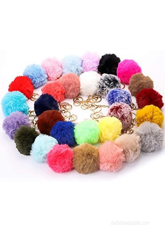 WUWEOT 30 Pack Pom Poms Keychains Faux Rabbit Fur Pompoms Keyring for Girls Women Car Key Hats Shoes Bags Accessories (30 colors 3.1'')