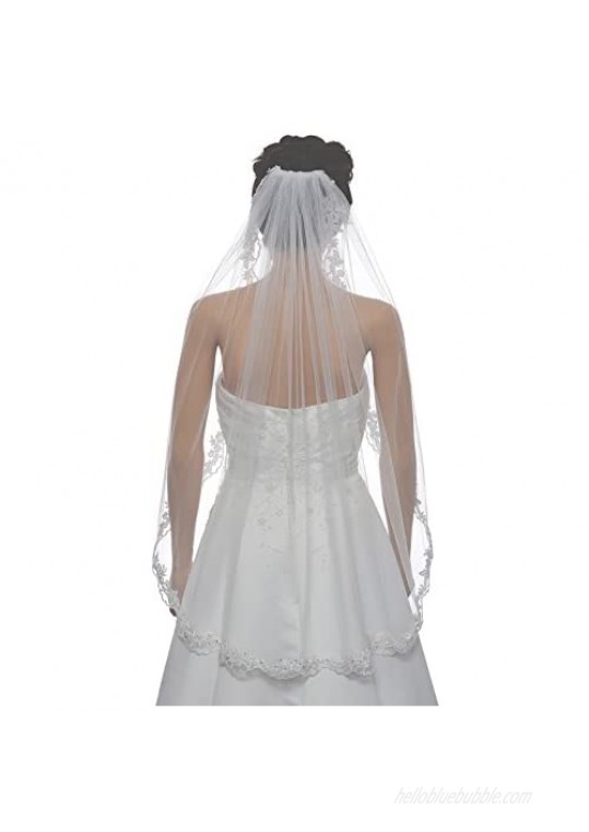 1T 1 Tier Flower Scallop Embroided Lace Pearl Veil Fingertip Length 36"