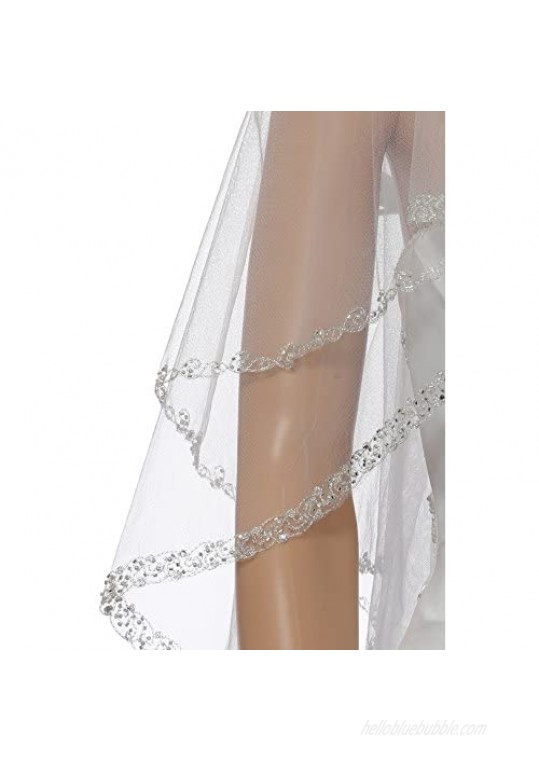 2T 2 Tier Dual Edge Embroided Pearl Crystal Beaded Veil Fingertip Length 36