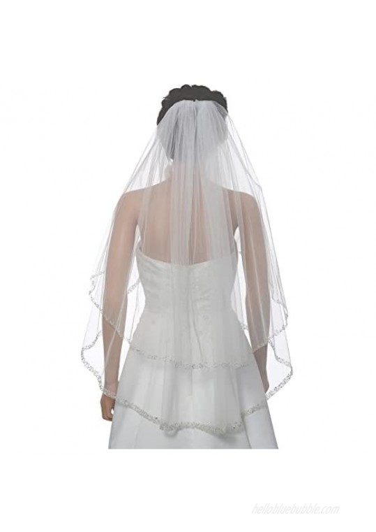 2T 2 Tier Dual Edge Embroided Pearl Crystal Beaded Veil Fingertip Length 36
