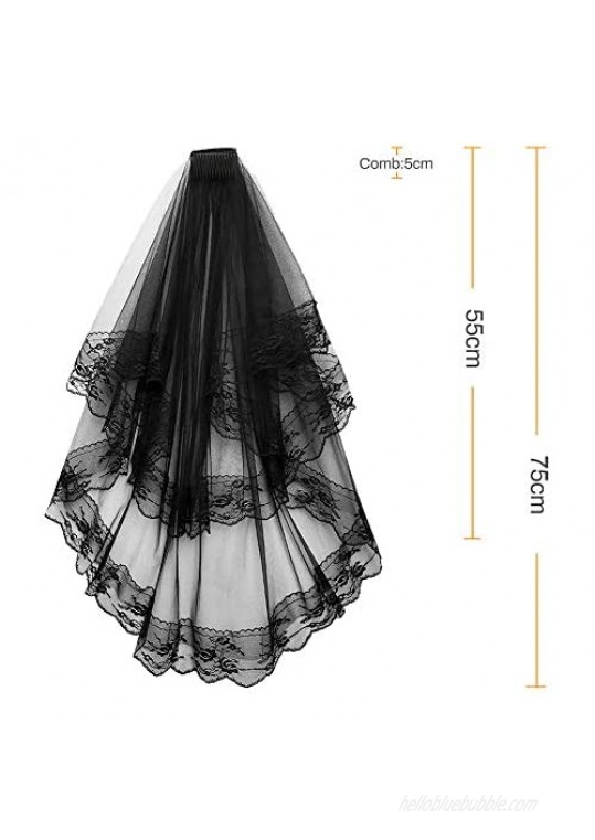 Allnice Black Halloween Veil Double Layer Mesh Lace Wedding Veil Waist Length Headwear Headdress Hair Accessories Cosplay Fancy Dress with Hairpin Comb for Stage Performance Costume Party