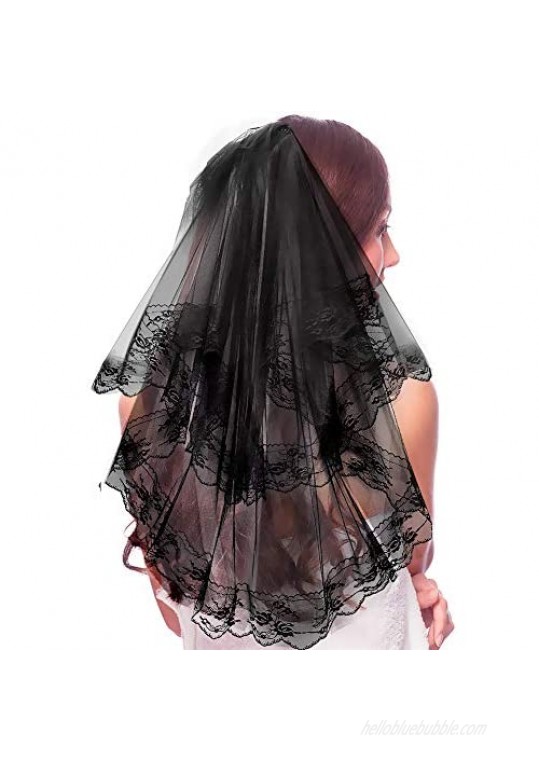 Allnice Black Halloween Veil Double Layer Mesh Lace Wedding Veil Waist Length Headwear Headdress Hair Accessories Cosplay Fancy Dress with Hairpin Comb for Stage Performance Costume Party