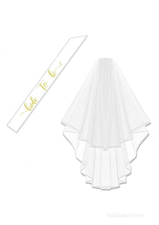 Bachelorette White Double Ribbon Edge Center Cascade Bridal Wedding Veil with Comb& Bride to Be Satin Sash (White Veil+White Sash)
