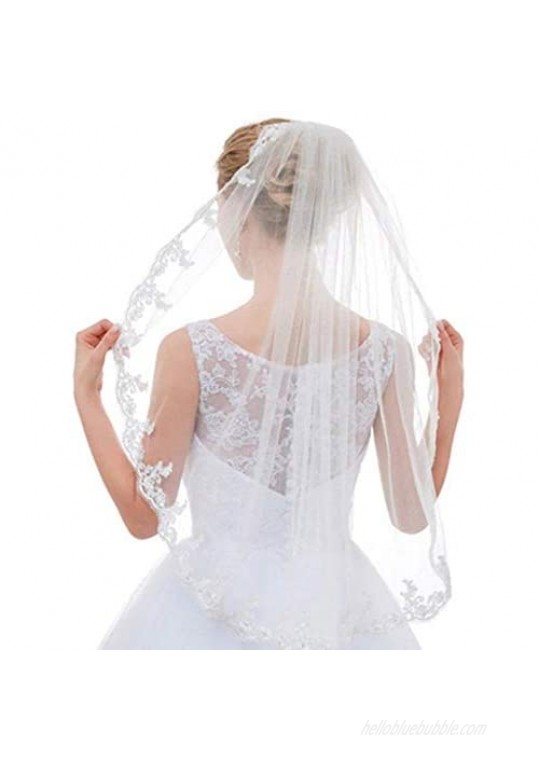 Beautyflier Bridal Veil Fingertip Length 1 Tier Floral Embroider Lace Edge Wedding Veil with Comb (0.9M)