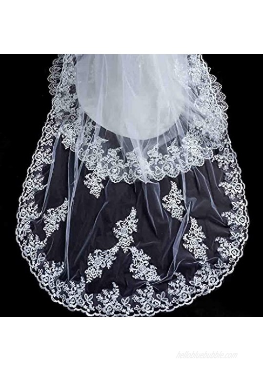 Bmirth 1 Layer Bridal Wedding Veil Cathedral Long Length Lace Bride Tulle Hair Accessories With Comb for women Floral 118 Veil Headpeice (Ivory)