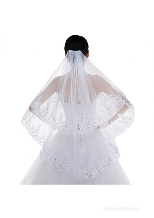 Edith qi 2 Tier Lace Sequins Edge Fingertip Length Bridal Wedding Veil