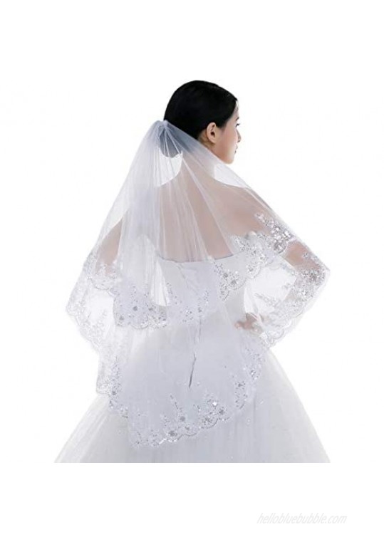 Edith qi 2 Tier Lace Sequins Edge Fingertip Length Bridal Wedding Veil