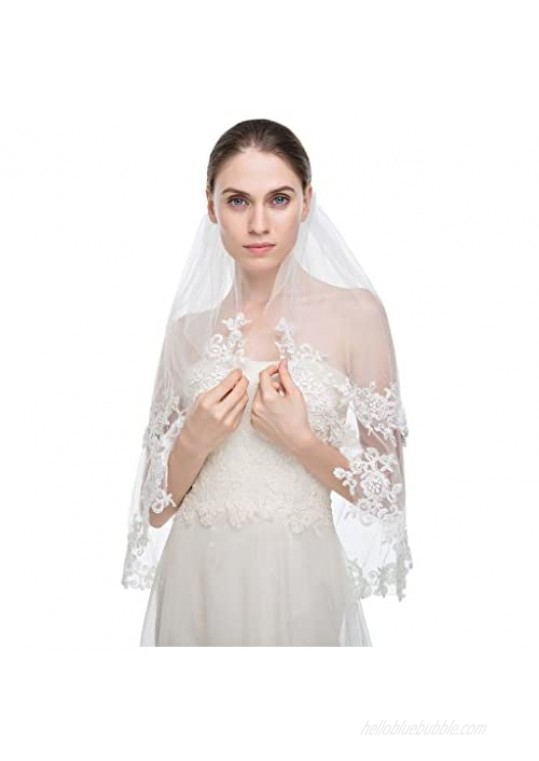 Edith qi Elegant Wedding Veil 2T Two-tier Elbow Veils Lace Applique Edge with Comb