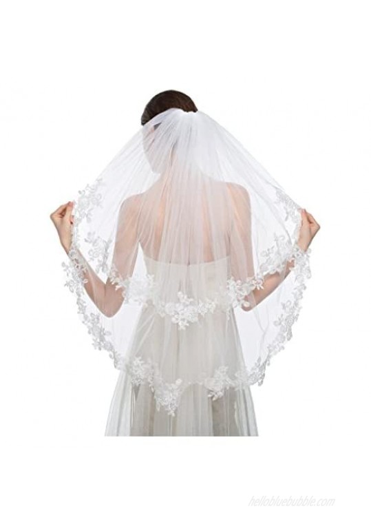 Edith qi Elegant Wedding Veil 2T Two-tier Elbow Veils Lace Applique Edge with Comb