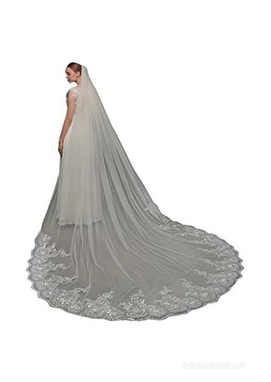 EllieHouse Womens 1 Tier Cathedral Sequin Lace Wedding Bridal Veil With Comb L63
