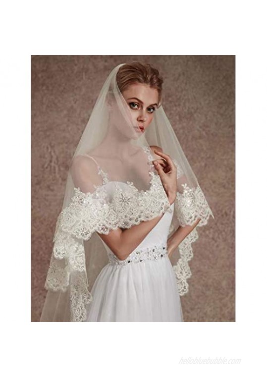 EllieHouse Women's Long 2 Tier Lace Wedding Bridal Veil With Metal Comb L70