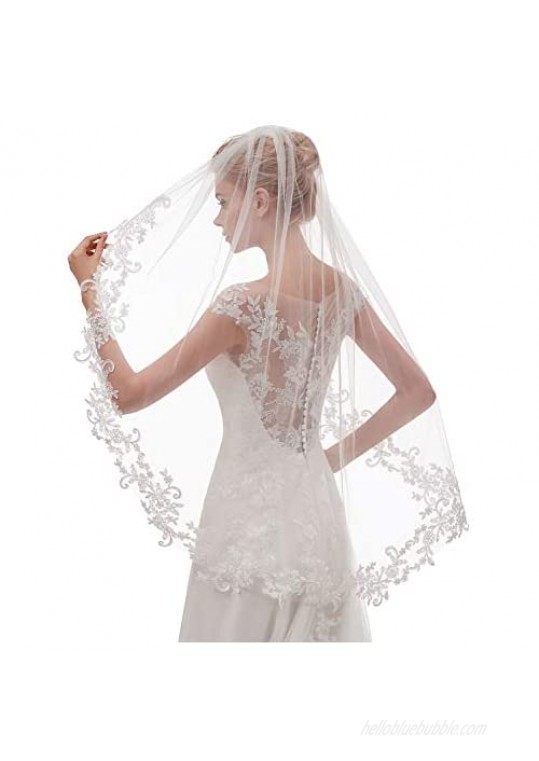 EllieHouse Women's Short Fingertip Length 1 Tier Lace Wedding Bridal Veil With Metal Comb L68