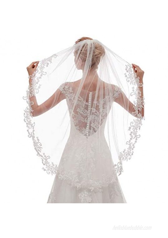 EllieHouse Women's Short Fingertip Length 1 Tier Lace Wedding Bridal Veil With Metal Comb L68
