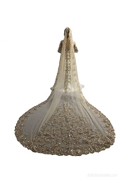 Faithclover Wedding Veils Cathedral Length 1 Tier Sequins Lace Applique with Comb