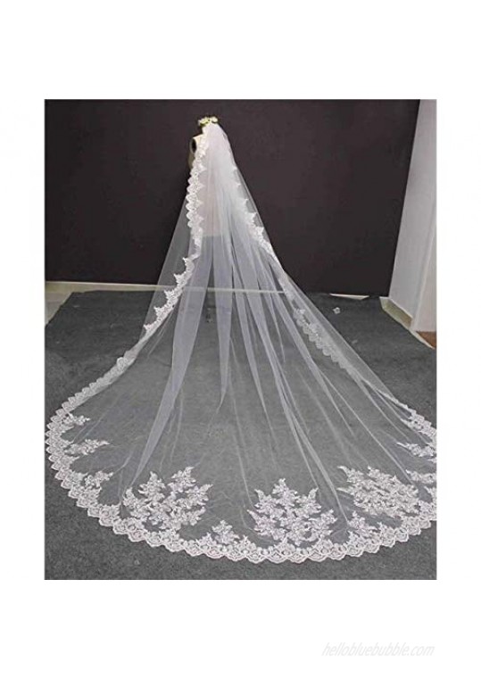 Faithclover Wedding Veils White 1 Tier Sequins Lace Cathedral Long with Comb