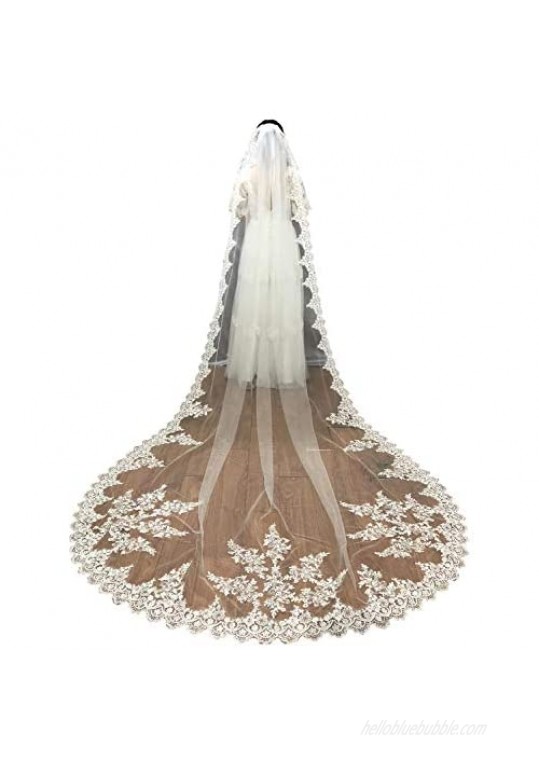 Faithclover Wedding Veils White 1 Tier Sequins Lace Cathedral Long with Comb