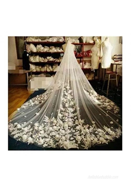 Fenghuavip Ivory Tulle 1T Brides Veils 4M 5M Cathedral Wedding Long 3D Flower Veil with Comb