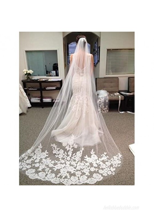 MisShow White Ivory Lace Edge Cathedral Length Wedding Bridal Veil with Comb