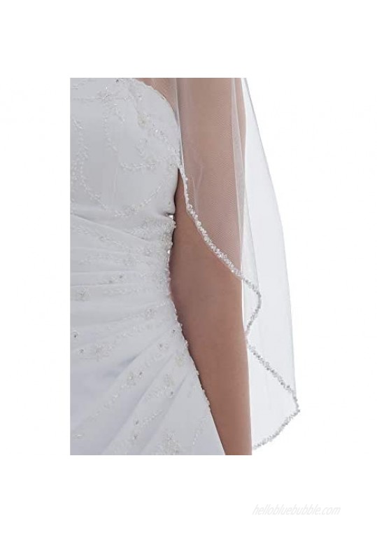 SAMKY 1T 1 Tier Crystal Pearl Beaded Edge Bridal Wedding Veil 30
