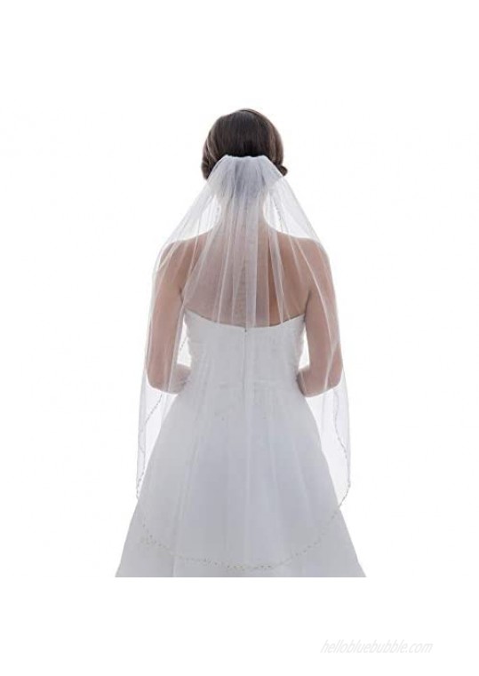 SAMKY 1T 1 Tier Crystal Pearls Beaded Edge Wedding Veil