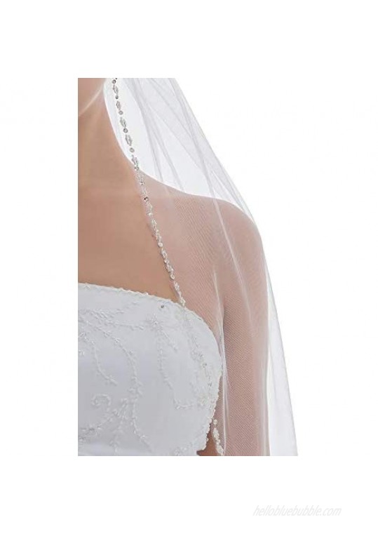 SAMKY 1T 1 Tier Crystal Pearls Beaded Edge Wedding Veil