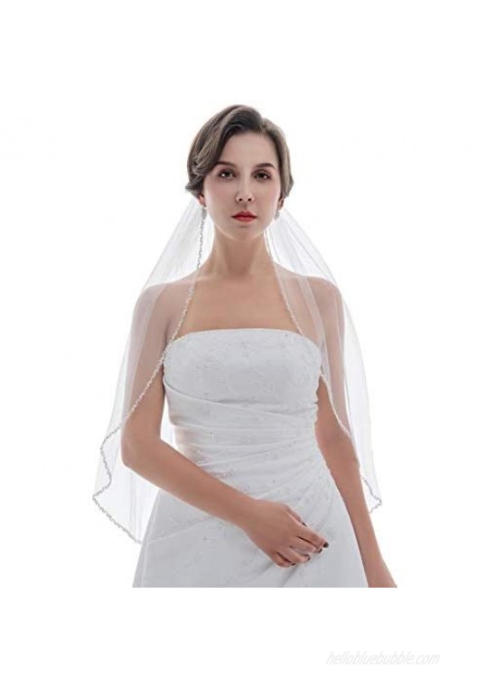 SAMKY 1T 1 Tier Double Row Wavy Pearl Crystal Edge bridal Veil