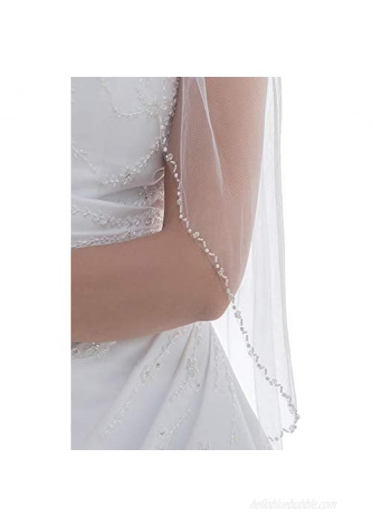SAMKY 1T 1 Tier Pearls Crystals Beaded Wedding Veil