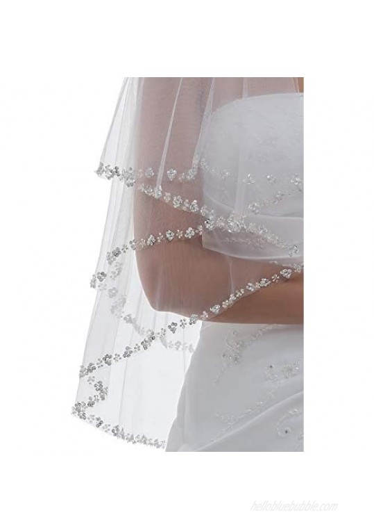 SAMKY 2T 2 Tier Pearls Silver Beaded Bridal Wedding Veil