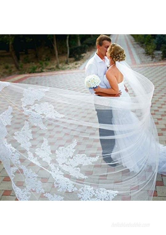 U-Hotmi Bridal Veil Lace Applique Edge Cathedral Veil Long Party Wedding Veil 3 Meter with Comb