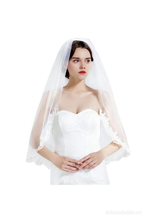 Wedding Bridal Veil with Comb 1 Tier Lace Applique Edge Fingertip Length 36"