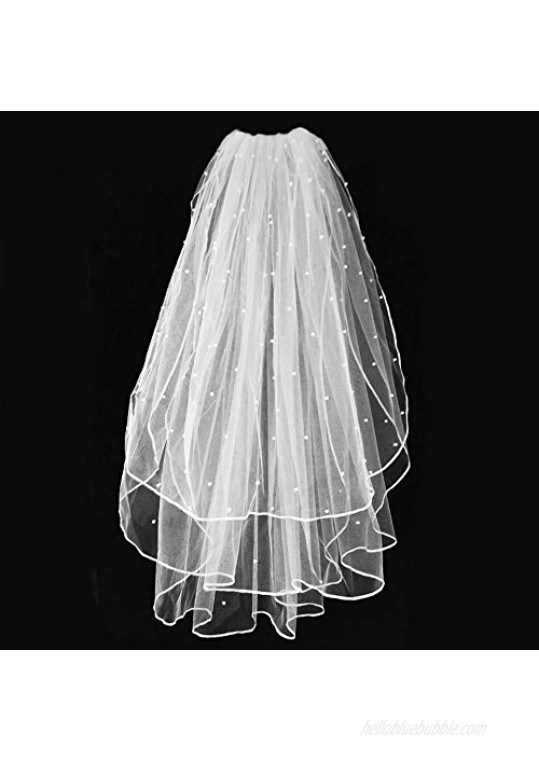 Wedding Veil White Bridal Veil with Comb 3 Tier Ribbon Edge with Pearl Center Cascade for Bachelorette Party