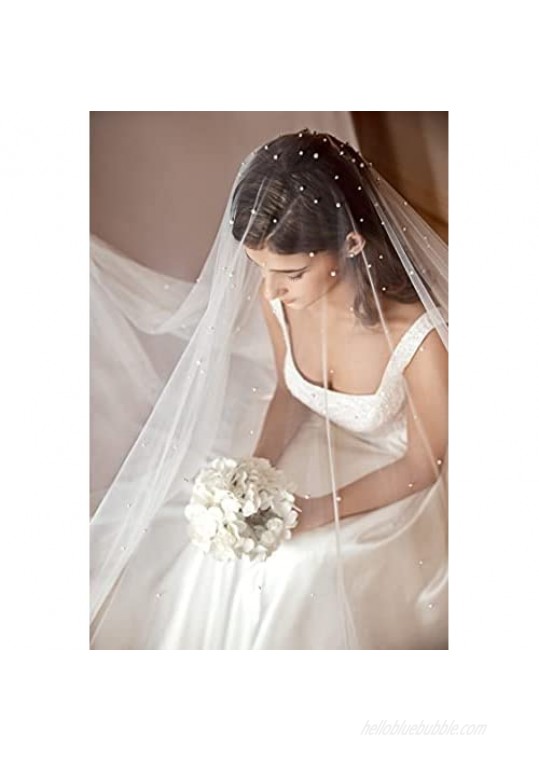 White Jasmine Pearl Wedding Veil for Brides Ivory and Off White Bridal Drop Veils with Comb and Blusher